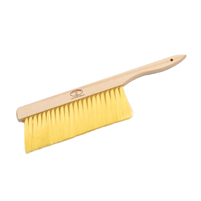 Beekeeping brush with soft yellow bristles and a smooth wooden handle, designed for gentle removal of bees during hive inspection, featured in Farm, Garden & Tool and Beekeeping Supplies collections.