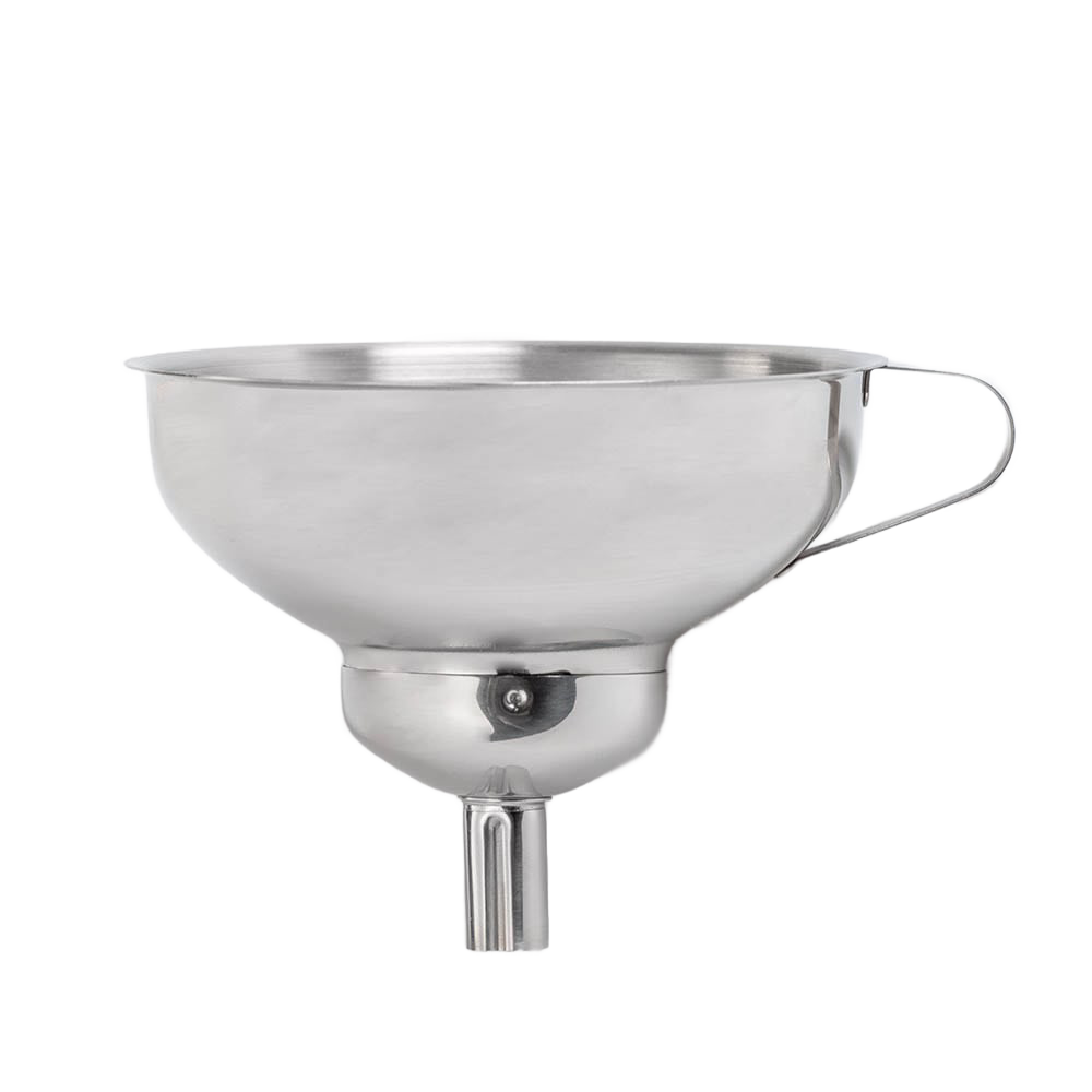 Stainless steel funnel with removable spout and side handle, designed for neat filling of jars and bottles, ideal for Kitchen & Food, Food Preservation, and Canning accessories.