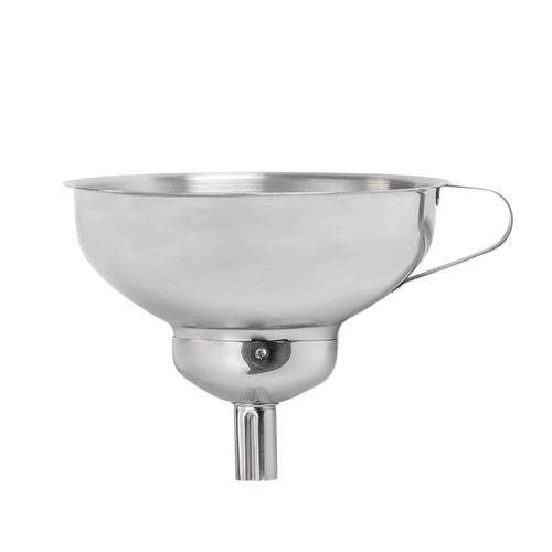 Stainless steel funnel with removable spout and side handle, designed for neat filling of jars and bottles, ideal for Kitchen & Food, Food Preservation, and Canning accessories.