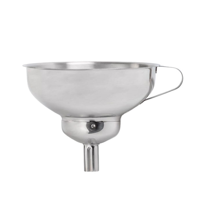 Stainless steel funnel with removable spout and side handle, designed for neat filling of jars and bottles, ideal for Kitchen & Food, Food Preservation, and Canning accessories.
