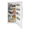 White upright gas freezer with open door showing organized frozen food, handcrafted Amish made, featured in USA Made and Appliances collections.