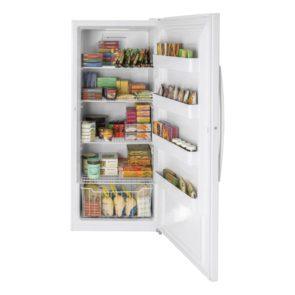 White upright gas freezer with open door showing organized frozen food, handcrafted Amish made, featured in USA Made and Appliances collections.