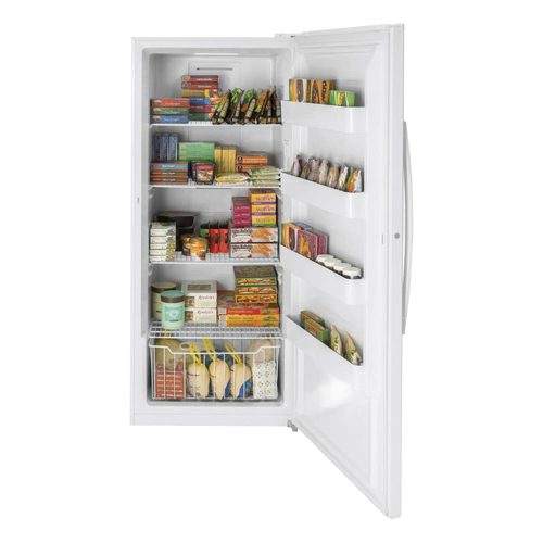 White upright gas freezer with open door showing organized frozen food, handcrafted Amish made, featured in USA Made and Appliances collections.