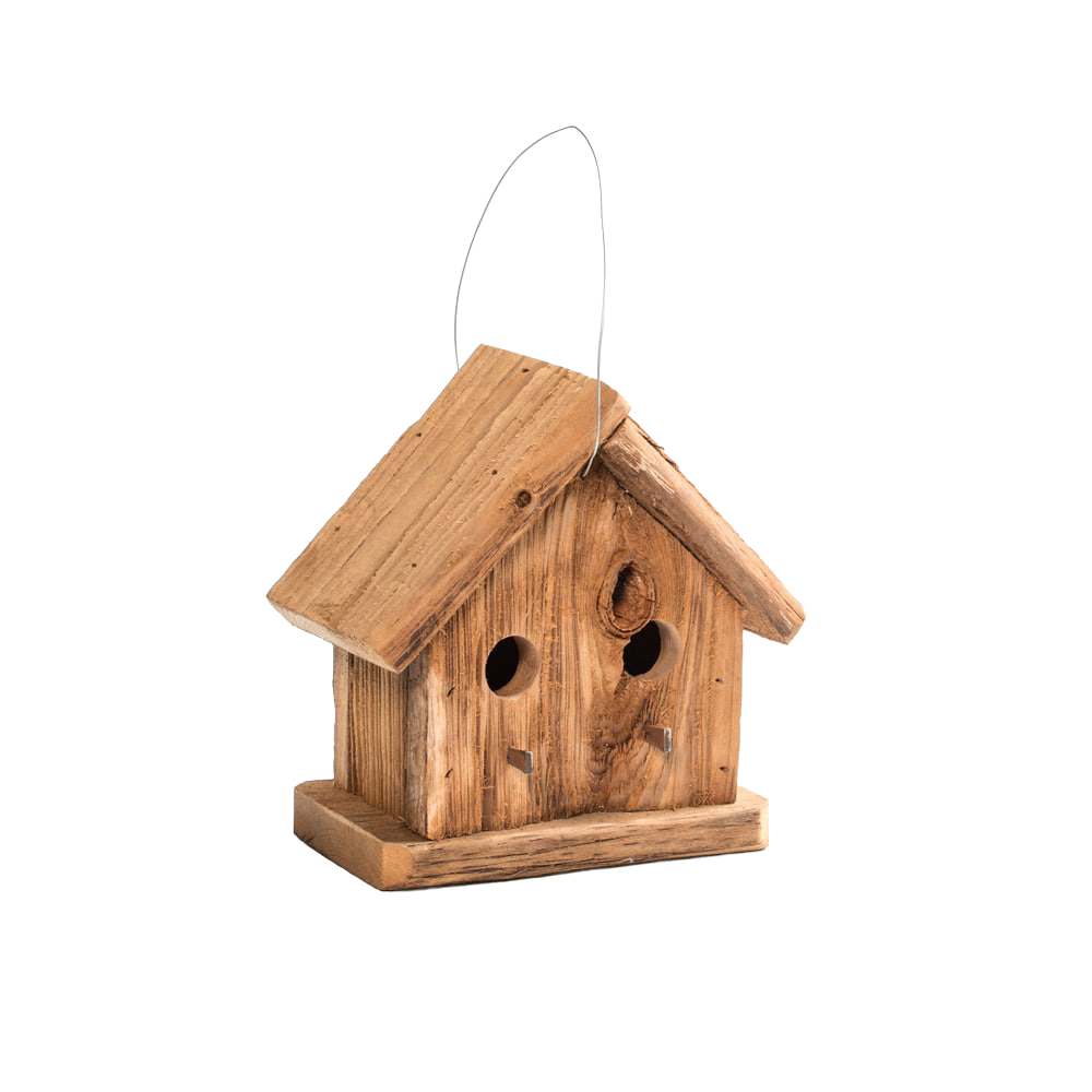 Handcrafted Amish-made rustic birdhouse with two entry holes, two metal perches, and a natural reclaimed wood finish, ideal for garden and animal care use in USA.