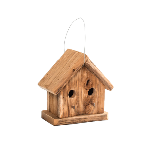 Handcrafted Amish-made rustic birdhouse with two entry holes, two metal perches, and a natural reclaimed wood finish, ideal for garden and animal care use in USA.
