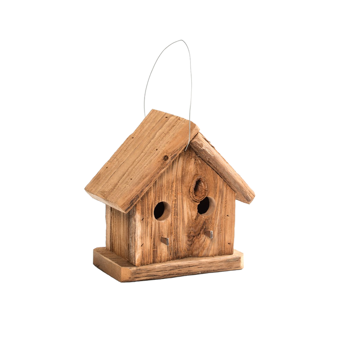 Handcrafted Amish-made rustic birdhouse with two entry holes, two metal perches, and a natural reclaimed wood finish, ideal for garden and animal care use in USA.