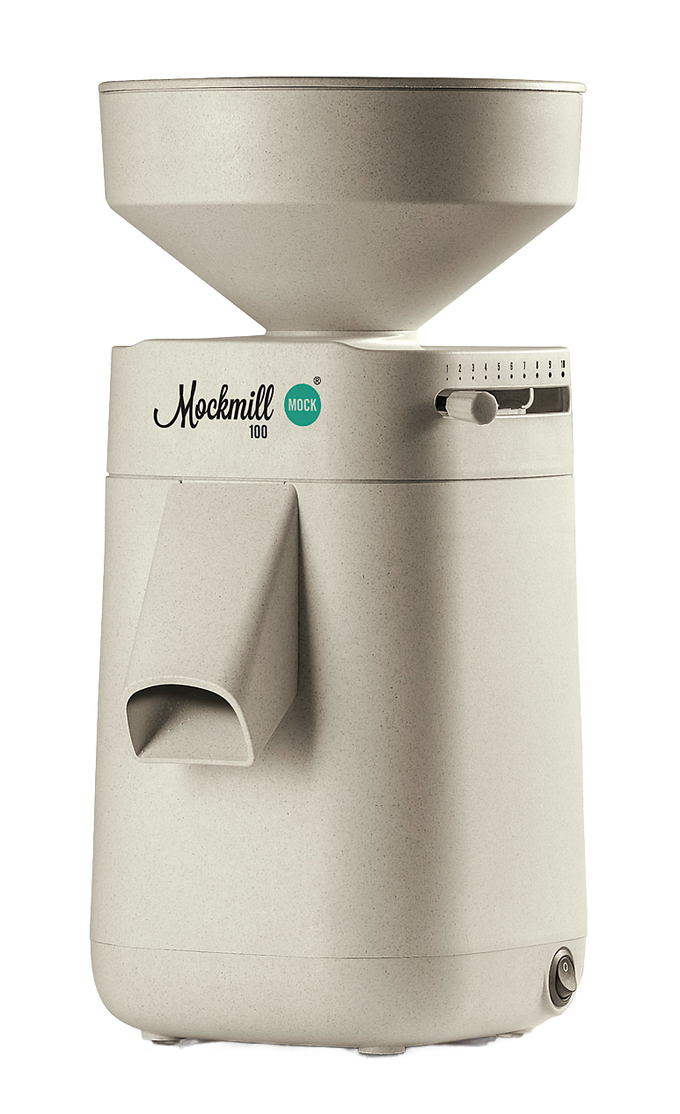 Beige electric stone grain mill with large hopper and adjustable grinding settings, designed for effortless home flour milling, featured in Kitchen & Food, Grain Mills, Best Sellers, and New collections.