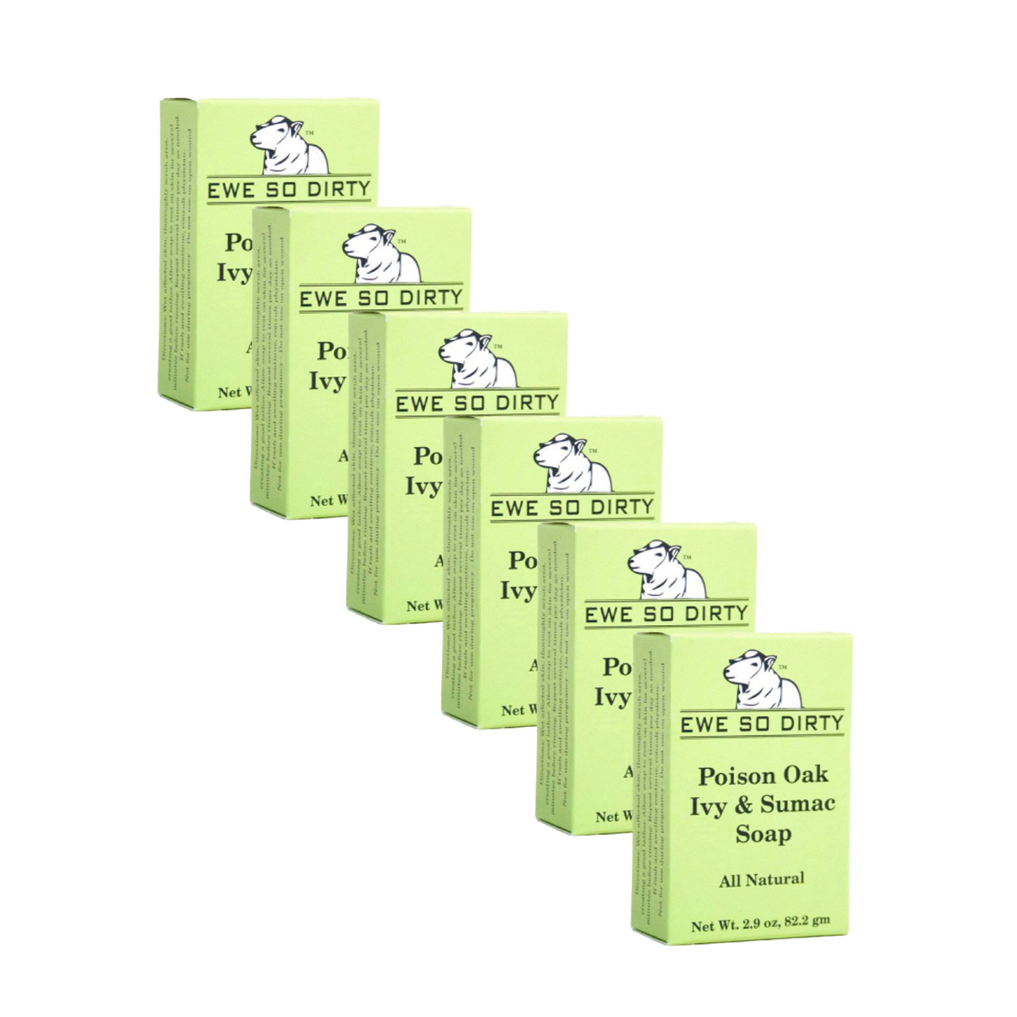 Set of six handcrafted poison oak, ivy, and sumac relief soaps in pale green boxes, made in USA, featured in Health & Wellness, Soaps, USA Made, Best Sellers, and Promo Eligible collections.