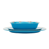 Stacked set of three rustic turquoise melamine dishes including a shallow bowl, salad plate, and dinner plate with a subtle distressed edge, ideal for Kitchen & Food and Storage and Serving collections.