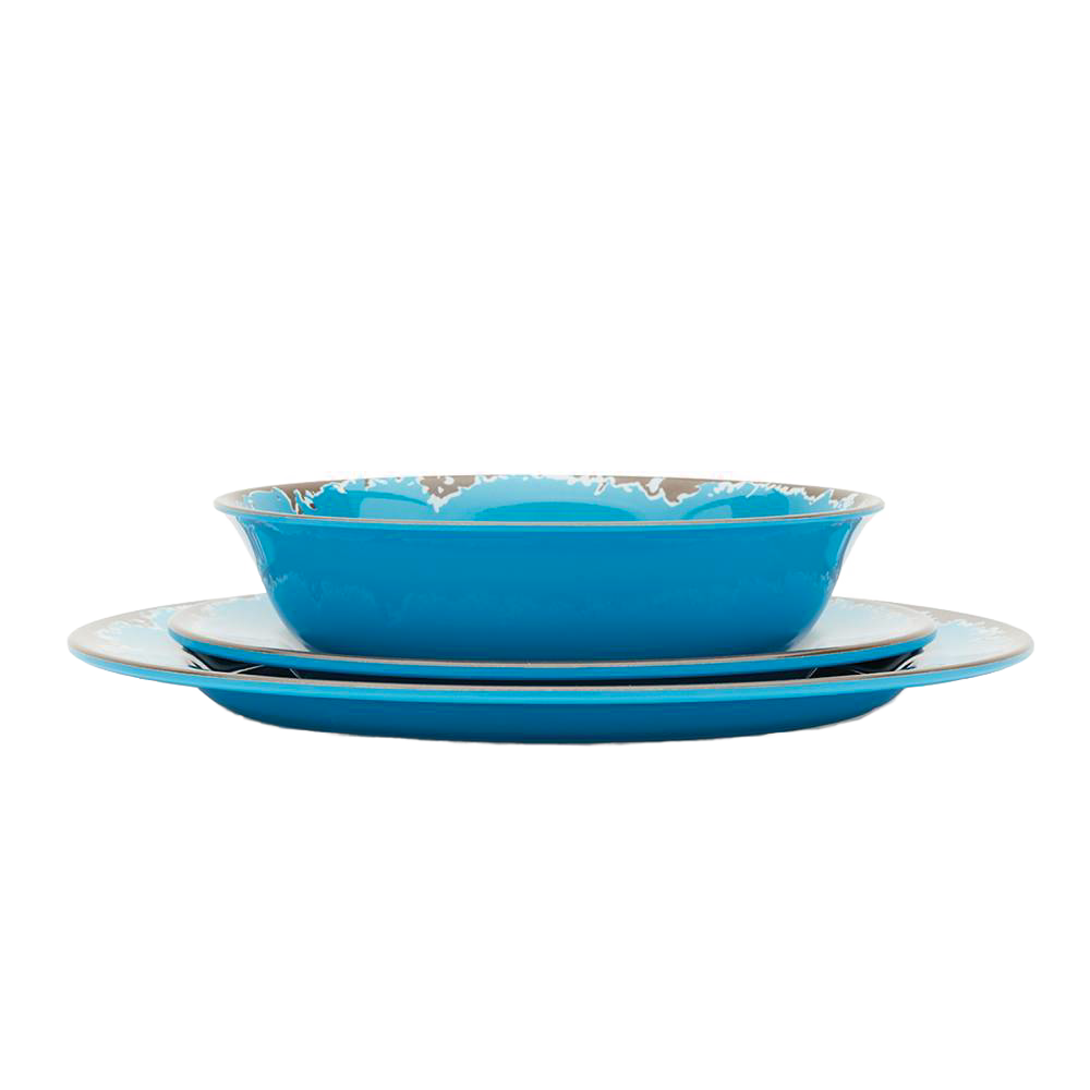 Stacked set of three rustic turquoise melamine dishes including a shallow bowl, salad plate, and dinner plate with a subtle distressed edge, ideal for Kitchen & Food and Storage and Serving collections.
