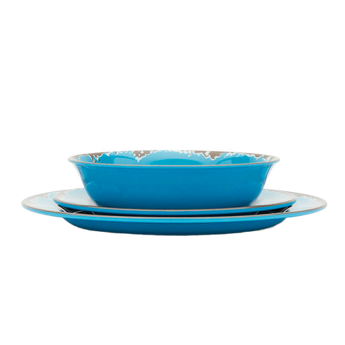 Stacked set of three rustic turquoise melamine dishes including a shallow bowl, salad plate, and dinner plate with a subtle distressed edge, ideal for Kitchen & Food and Storage and Serving collections.