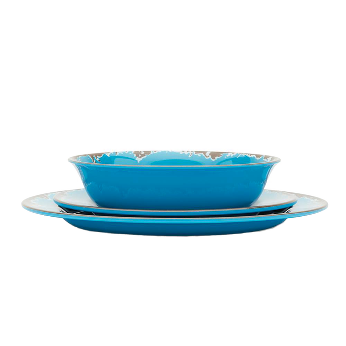 Stacked set of three rustic turquoise melamine dishes including a shallow bowl, salad plate, and dinner plate with a subtle distressed edge, ideal for Kitchen & Food and Storage and Serving collections.