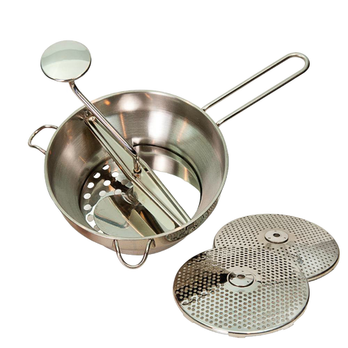 Handcrafted stainless steel 2-quart food mill with long handle and three interchangeable discs for fine, medium, and coarse milling, ideal for Kitchen & Food, Food Prep, Food Mills, Best Sellers, and Promo Eligible collections.