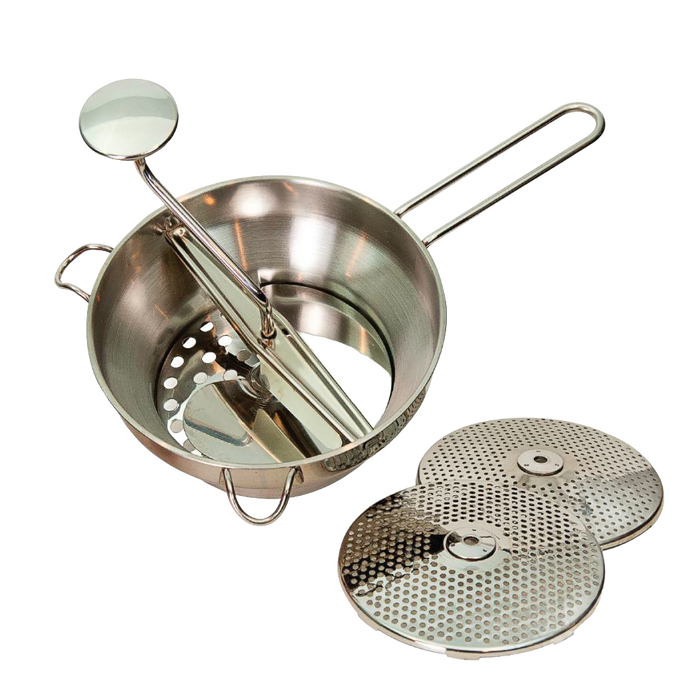 Handcrafted stainless steel 2-quart food mill with long handle and three interchangeable discs for fine, medium, and coarse milling, ideal for Kitchen & Food, Food Prep, Food Mills, Best Sellers, and Promo Eligible collections.