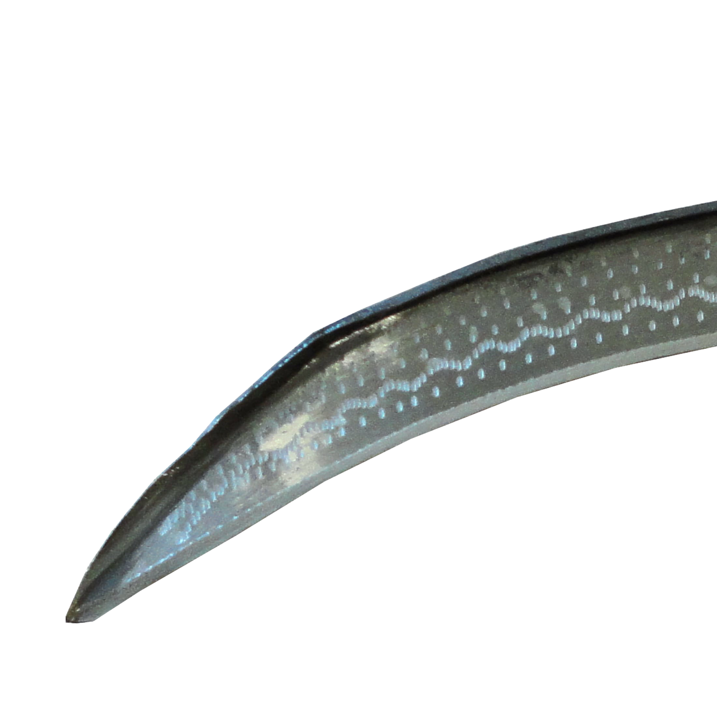 Close-up of a handcrafted curved metal blade with a pointed tip and decorative patterns, designed for effective cutting in farm, garden, and lawncare tasks.