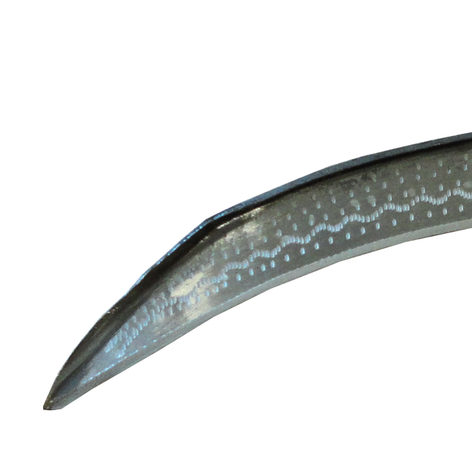 Close-up of a handcrafted curved metal blade with a pointed tip and decorative patterns, designed for effective cutting in farm, garden, and lawncare tasks.