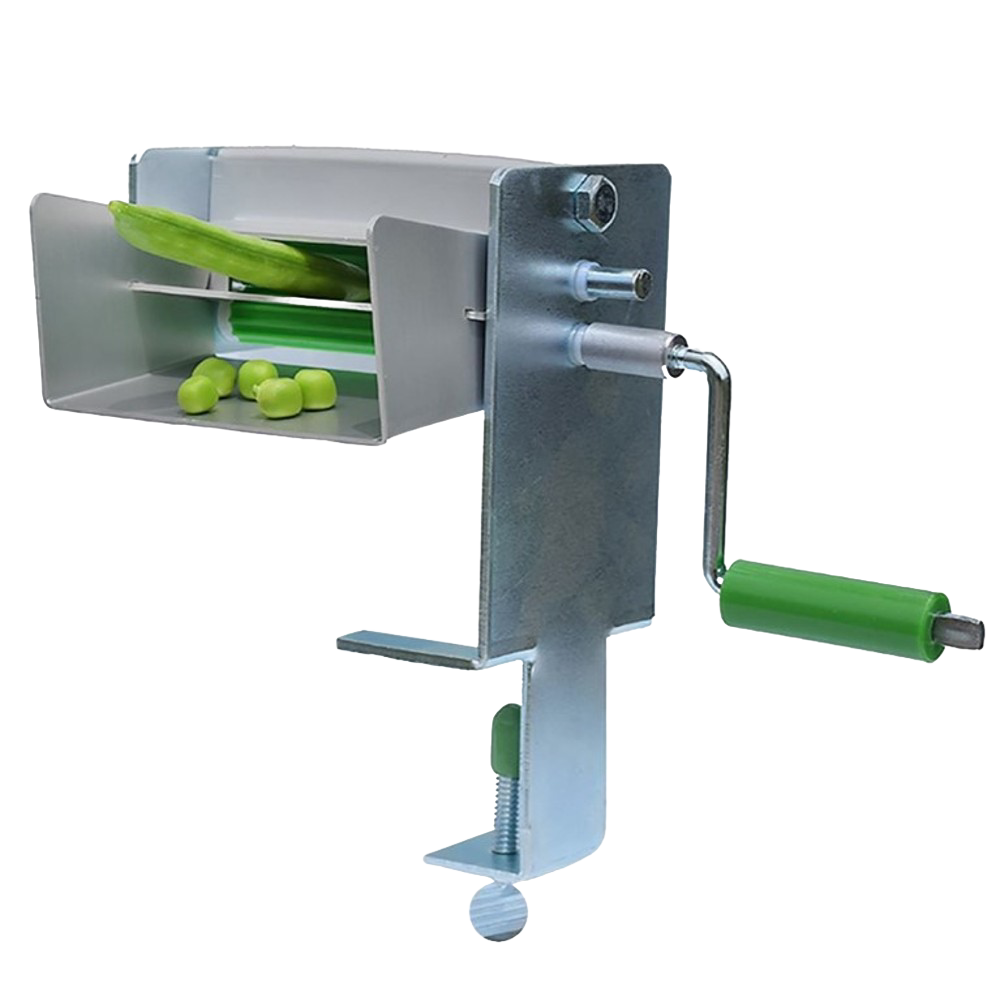 Metal pea sheller with a green handle and crank, mounted with a clamp for tabletop use, designed for shelling peas or beans, featured in Kitchen & Food, Specialty Equipment, and USA Made collections.