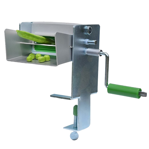 Metal pea sheller with a green handle and crank, mounted with a clamp for tabletop use, designed for shelling peas or beans, featured in Kitchen & Food, Specialty Equipment, and USA Made collections.