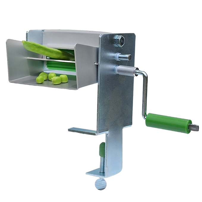 Metal pea sheller with a green handle and crank, mounted with a clamp for tabletop use, designed for shelling peas or beans, featured in Kitchen & Food, Specialty Equipment, and USA Made collections.