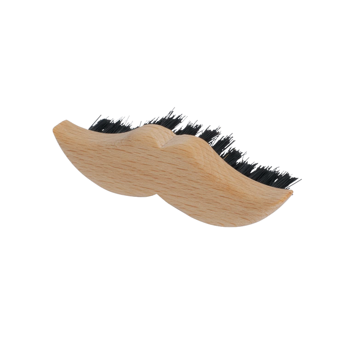 Compact handcrafted beard brush with strong wild boar bristles and smooth oiled beechwood handle shaped for mustaches, ideal for grooming in Health & Wellness and Personal Hygiene collections.