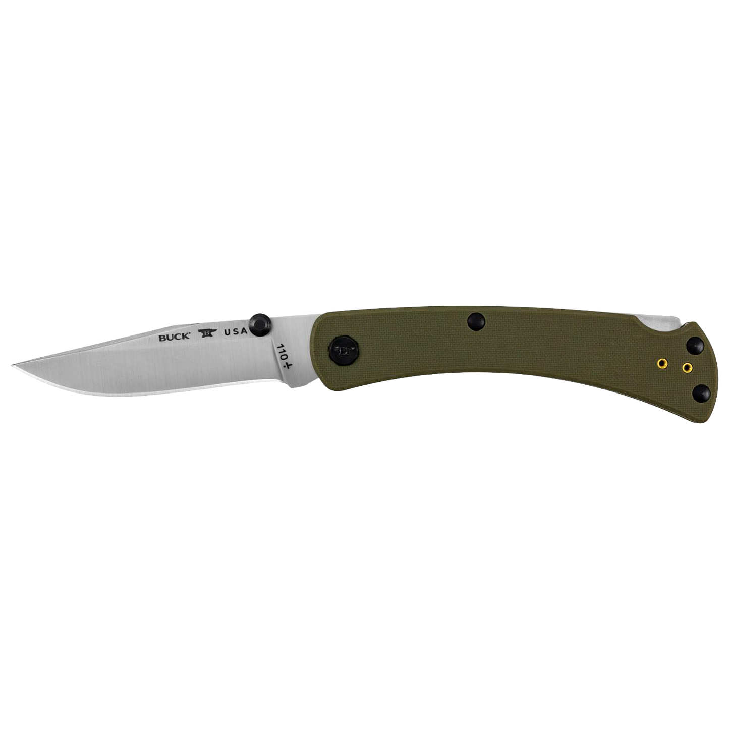 Slim folding knife with stainless steel blade, olive green textured handle, dual thumbstuds, reversible deep carry pocket clip, made in USA for Farm, Garden & Tool and Hand Tools collections.