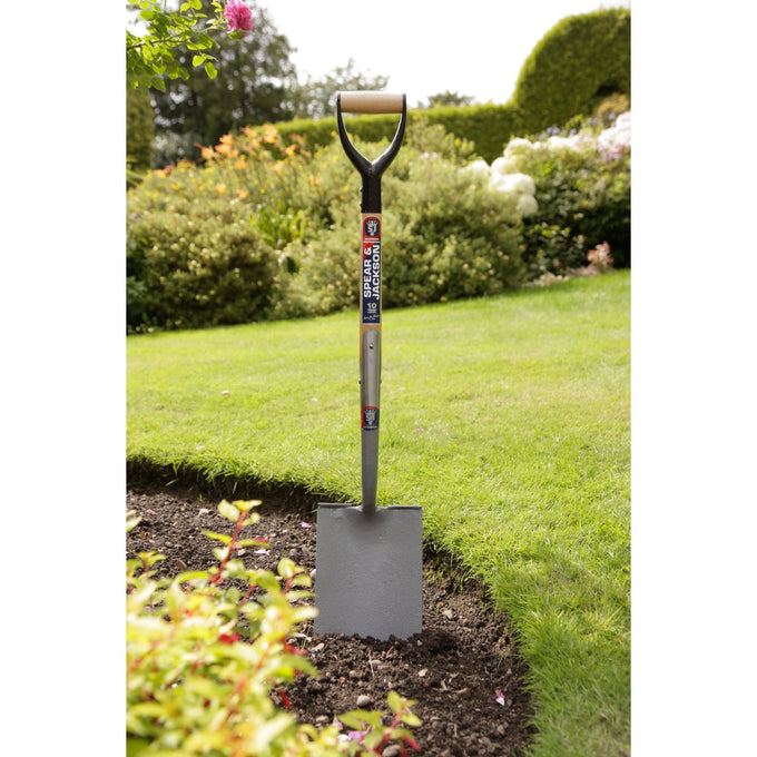Heavy-duty treaded digging spade with forged carbon steel blade and wooden D-handle, built for professional landscaping and gardening tasks in Farm, Garden & Tool, Digging and Cultivating, Lawncare, Best Sellers, and Promo Eligible collections.