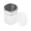 Sleek stainless steel shaker with fine mesh top and removable plastic lock lid, designed for sprinkling cocoa, powdered sugar, or cinnamon, ideal for Kitchen & Food and Baking Helpers collections.