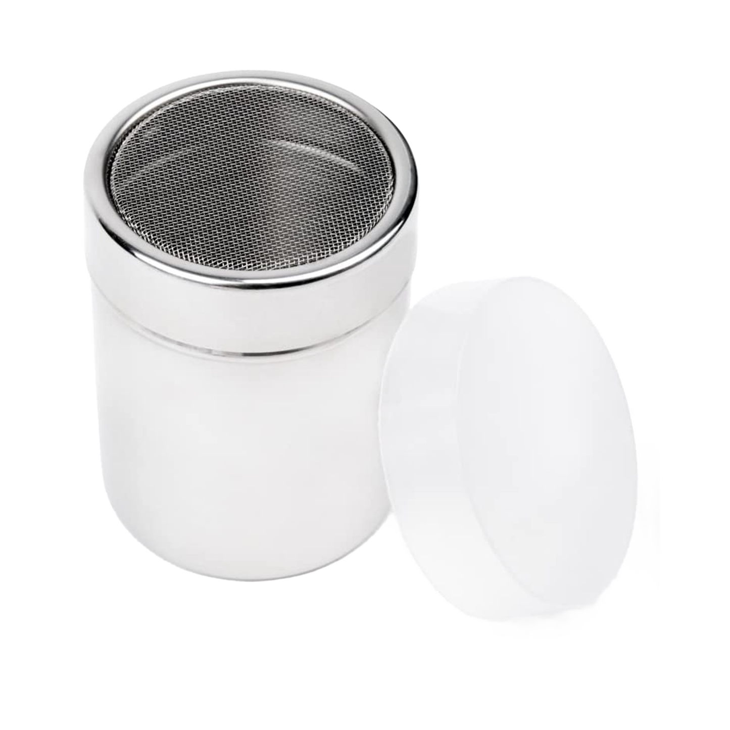 Sleek stainless steel shaker with fine mesh top and removable plastic lock lid, designed for sprinkling cocoa, powdered sugar, or cinnamon, ideal for Kitchen & Food and Baking Helpers collections.