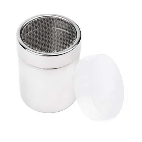 Sleek stainless steel shaker with fine mesh top and removable plastic lock lid, designed for sprinkling cocoa, powdered sugar, or cinnamon, ideal for Kitchen & Food and Baking Helpers collections.
