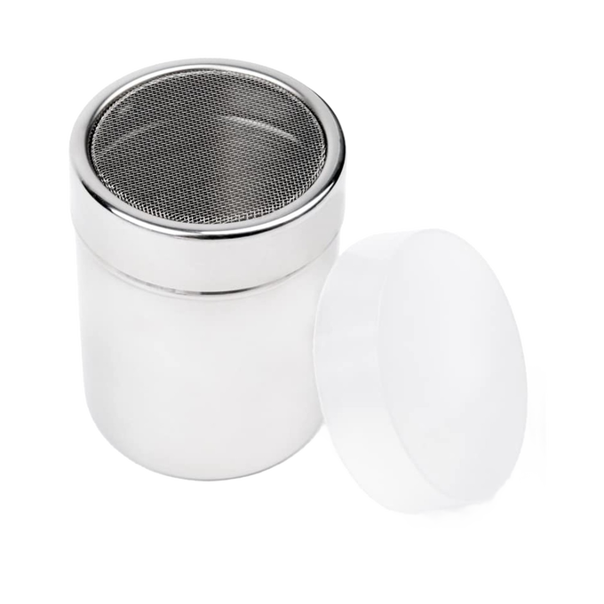 Sleek stainless steel shaker with fine mesh top and removable plastic lock lid, designed for sprinkling cocoa, powdered sugar, or cinnamon, ideal for Kitchen & Food and Baking Helpers collections.