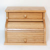 Handcrafted oak bread box with a roll-top lid and a drawer, featuring smooth honey-brown stain, perfect for Kitchen & Food, Storage and Serving, USA Made, Amish Made, and Best Sellers collections.