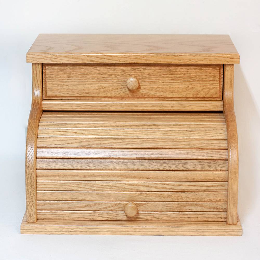Handcrafted oak bread box with a roll-top lid and a drawer, featuring smooth honey-brown stain, perfect for Kitchen & Food, Storage and Serving, USA Made, Amish Made, and Best Sellers collections.