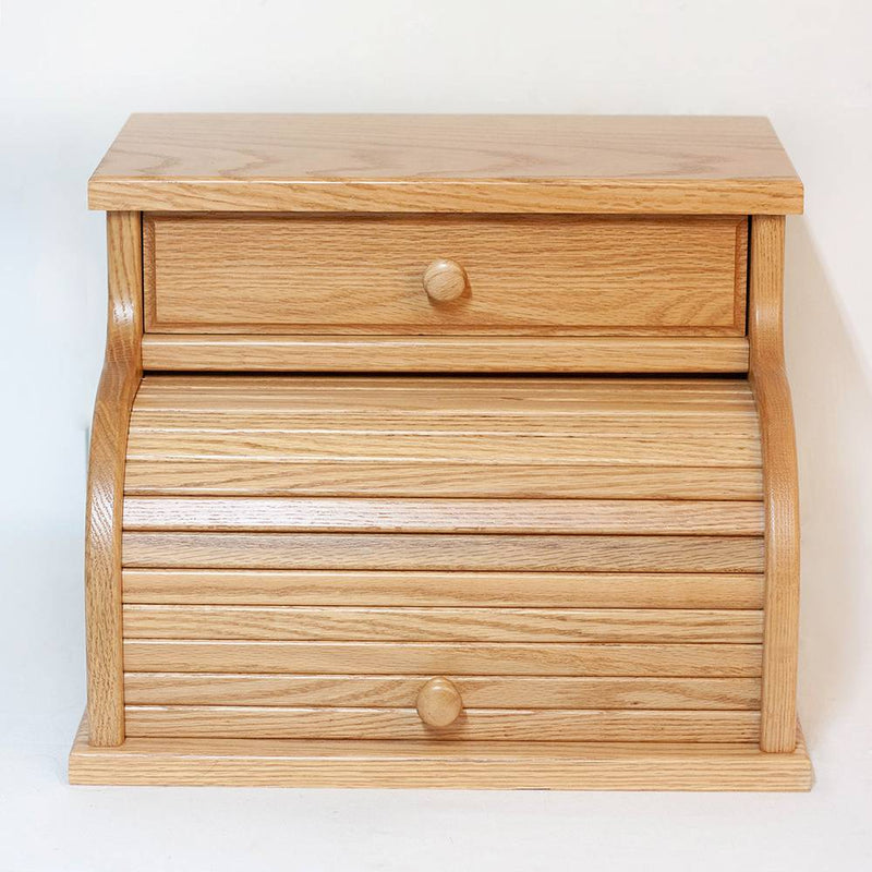 Handcrafted oak bread box with a roll-top lid and a drawer, featuring smooth honey-brown stain, perfect for Kitchen & Food, Storage and Serving, USA Made, Amish Made, and Best Sellers collections.
