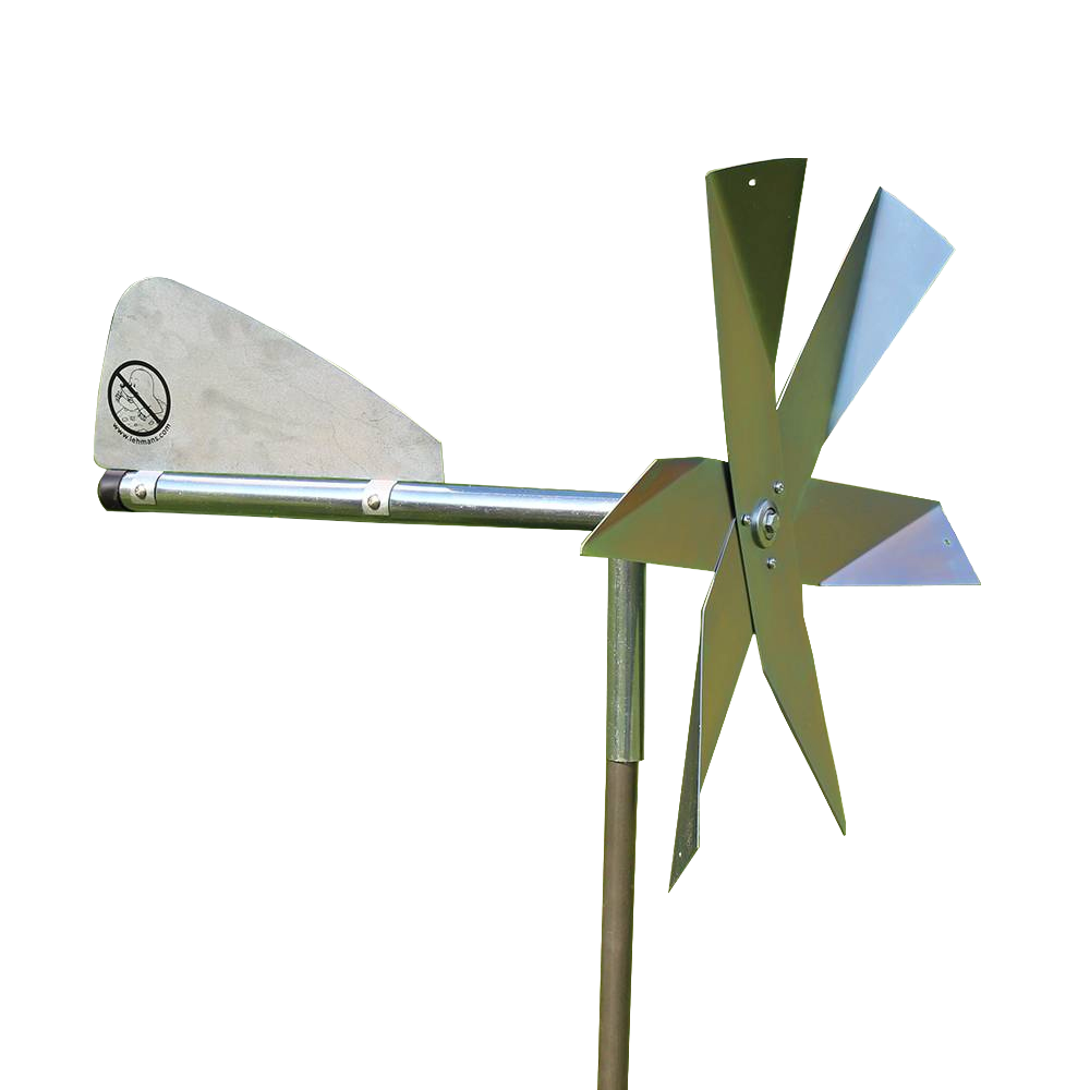 Handcrafted Amish made mole deterrent windmill with reflective metal blades and tail vane on a galvanized steel post, designed for humane pest control in Farm, Garden & Tool, Garden Accessories, Lawncare, Pest Control, Best Sellers, and Promo Eligible collections.