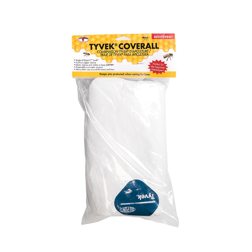 White Tyvek beekeeping coveralls packaged for sale, designed for beginners, water resistant with full-front zipper, featured in Farm, Garden & Tool and Beekeeping Supplies collections.