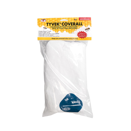 White Tyvek beekeeping coveralls packaged for sale, designed for beginners, water resistant with full-front zipper, featured in Farm, Garden & Tool and Beekeeping Supplies collections.