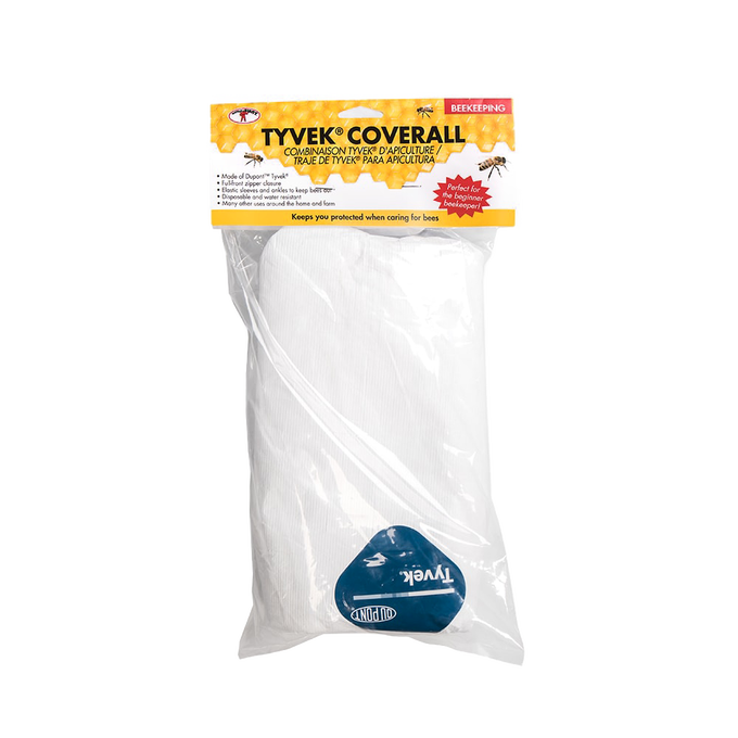 White Tyvek beekeeping coveralls packaged for sale, designed for beginners, water resistant with full-front zipper, featured in Farm, Garden & Tool and Beekeeping Supplies collections.