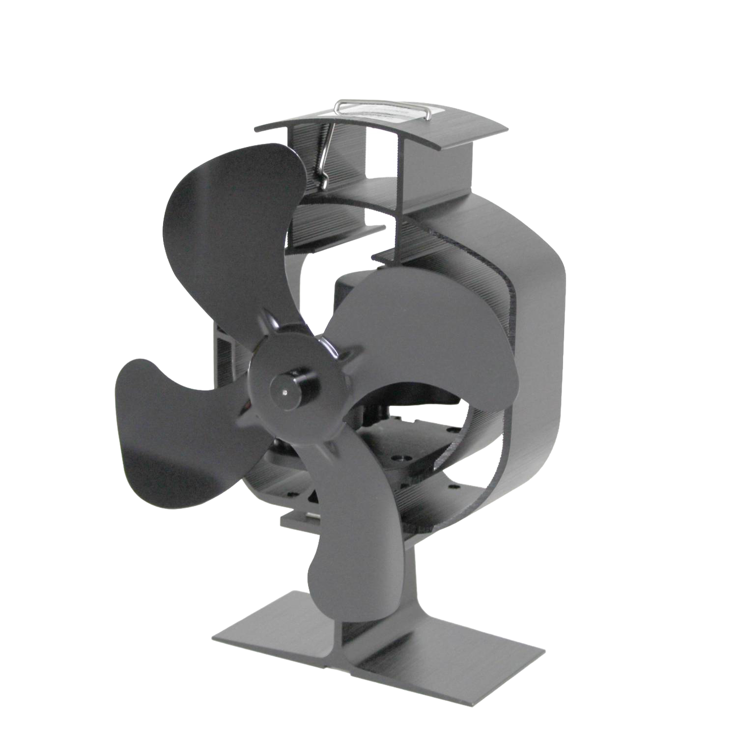 Compact black metal heat-powered oscillating stove fan with four curved blades and sturdy base, designed for efficient warm air circulation in stoves and hearth accessories collections.
