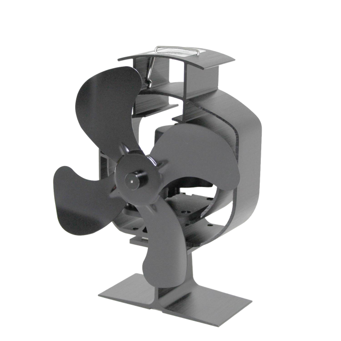 Compact black metal heat-powered oscillating stove fan with four curved blades and sturdy base, designed for efficient warm air circulation in stoves and hearth accessories collections.