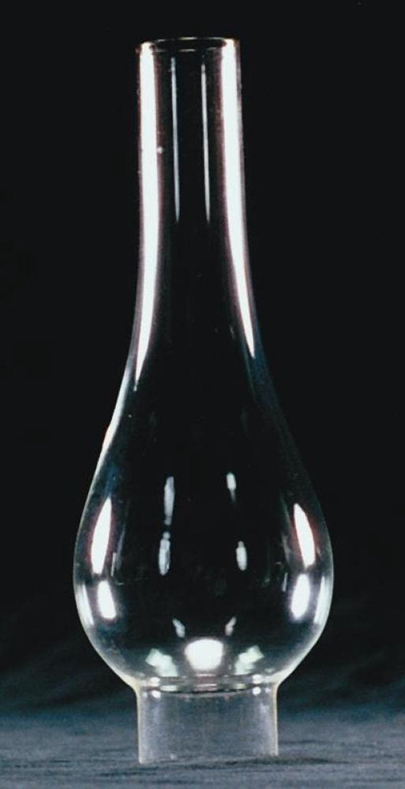 Clear glass oil lamp chimney with a bulbous midsection and narrow top, designed as a replacement part for lamps, featured in lamps and lighting accessories and best sellers collections.