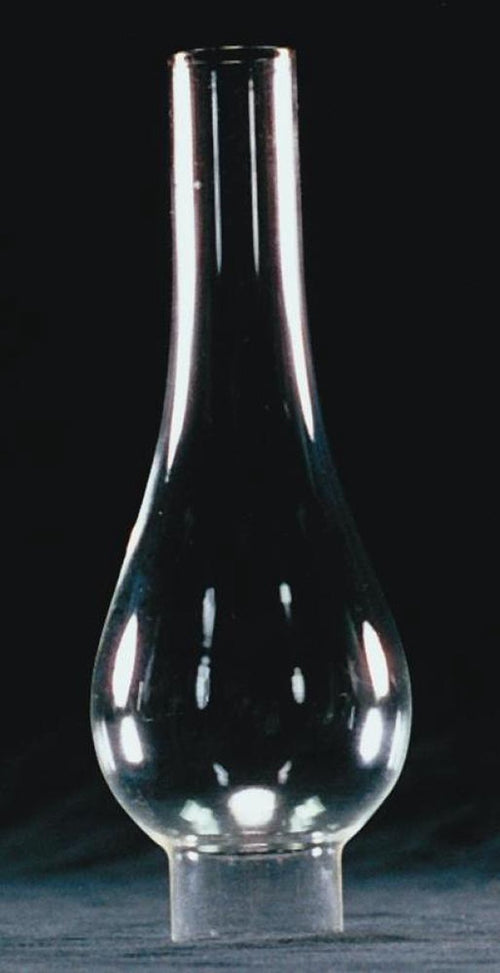 Clear glass oil lamp chimney with a bulbous midsection and narrow top, designed as a replacement part for lamps, featured in lamps and lighting accessories and best sellers collections.