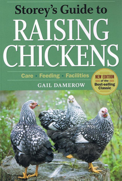 Front cover of a poultry care guidebook featuring three silver-laced Wyandotte chickens standing on a tree stump in a grassy outdoor setting, part of Farm, Garden & Tool and Best Sellers collections.