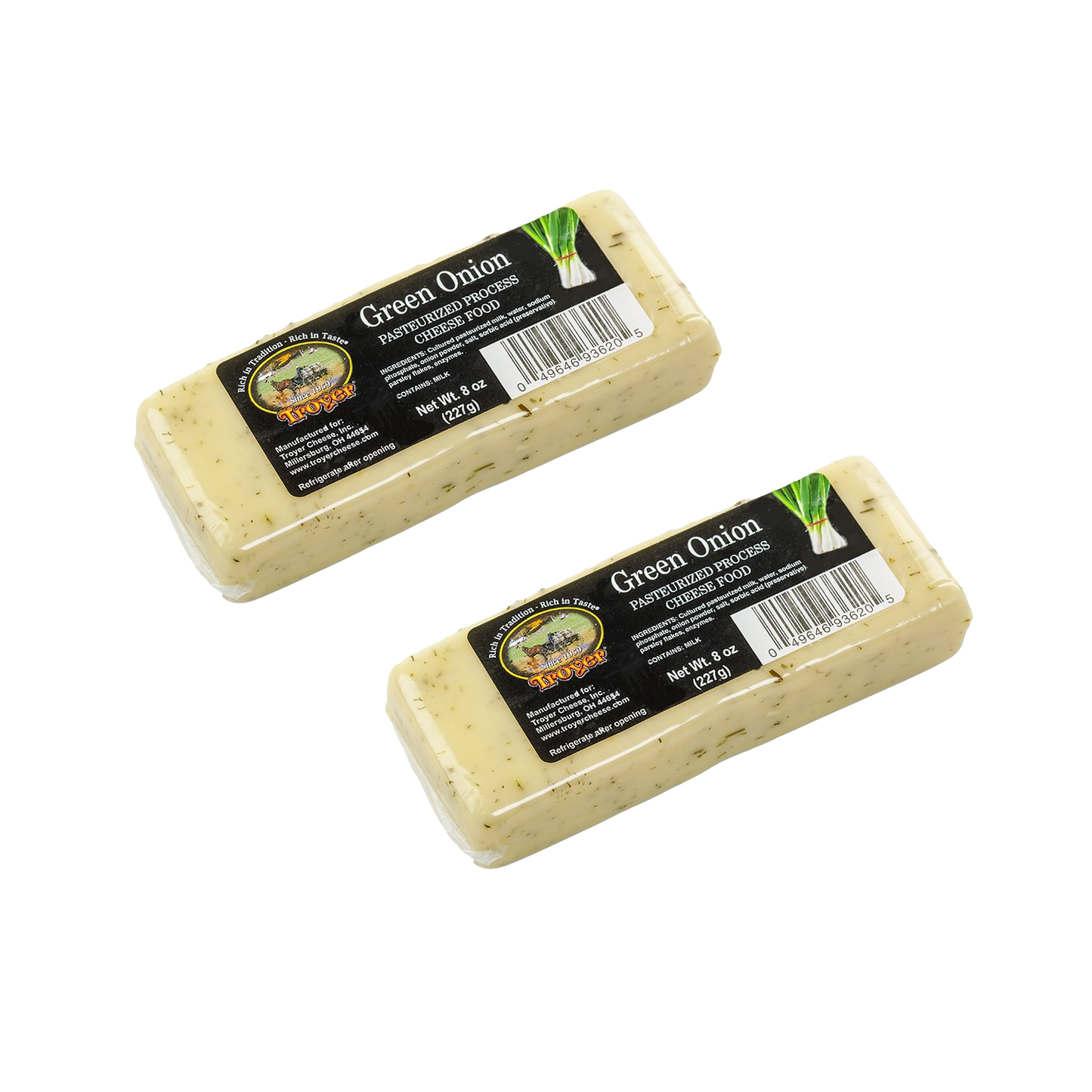 Two handcrafted shelf-stable green onion cheese food blocks in 8-ounce packs, made in USA, ideal for Kitchen & Food, Snacks and Sweets, Pantry, USA Made, Best Sellers, and Promo Eligible collections.