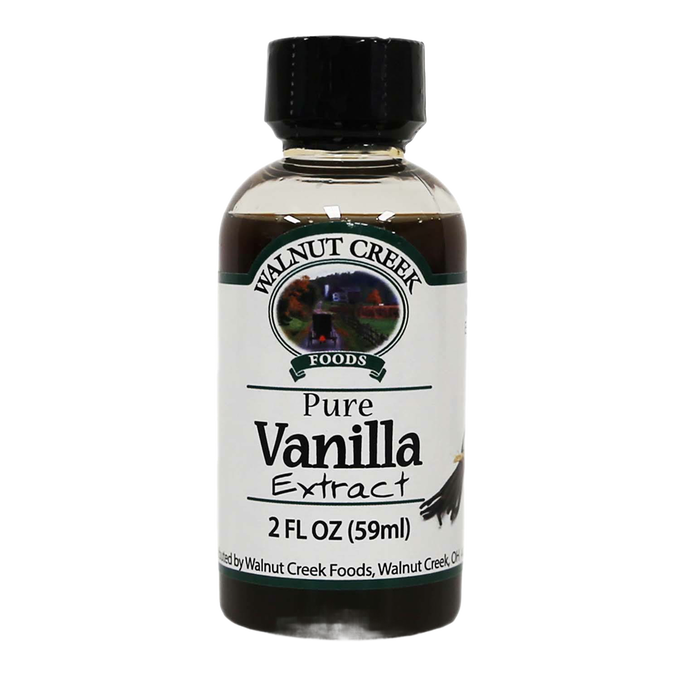 2-ounce bottle of pure vanilla extract in clear glass with a black cap, labeled Walnut Creek Foods, suitable for Kitchen & Food, Pantry, and Best Sellers collections.