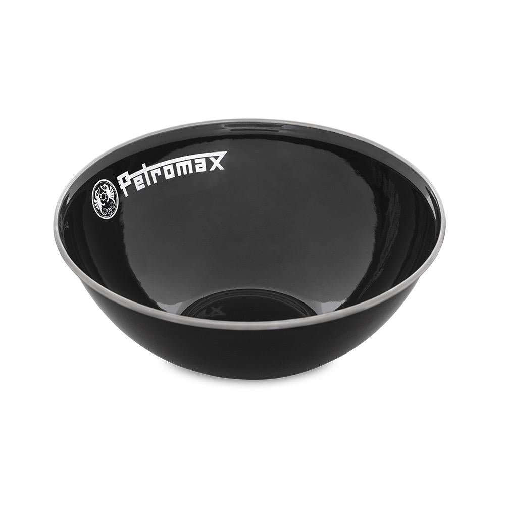 Black enamel bowl with white logo and rim, designed for durable, heat- and scratch-resistant use in Farm, Garden & Tool, Kitchen & Food, Camping, Dinnerware, Best Sellers, and Promo Eligible collections.