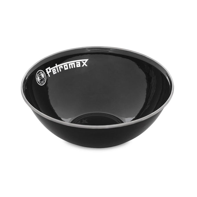 Black enamel bowl with white logo and rim, designed for durable, heat- and scratch-resistant use in Farm, Garden & Tool, Kitchen & Food, Camping, Dinnerware, Best Sellers, and Promo Eligible collections.