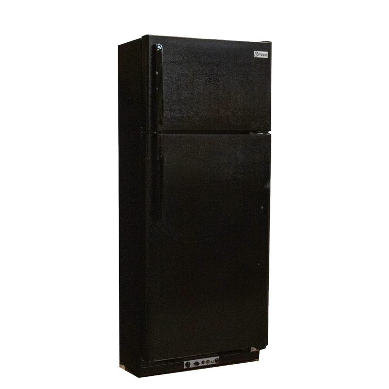 Tall black gas refrigerator with top freezer compartment, handcrafted and Amish made, ideal for Appliances, Refrigerators and Freezers, Best Sellers, and All Stoves & Appliances collections.