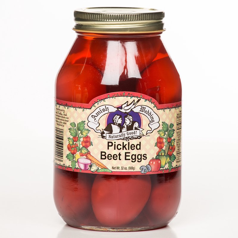 Glass jar of handcrafted pickled beet eggs in vibrant red brine with a vintage-style label, perfect for Kitchen & Food, Food, Pantry, USA Made, Best Sellers, and Promo Eligible collections.