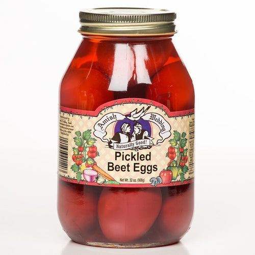 Glass jar of handcrafted pickled beet eggs in vibrant red brine with a vintage-style label, perfect for Kitchen & Food, Food, Pantry, USA Made, Best Sellers, and Promo Eligible collections.