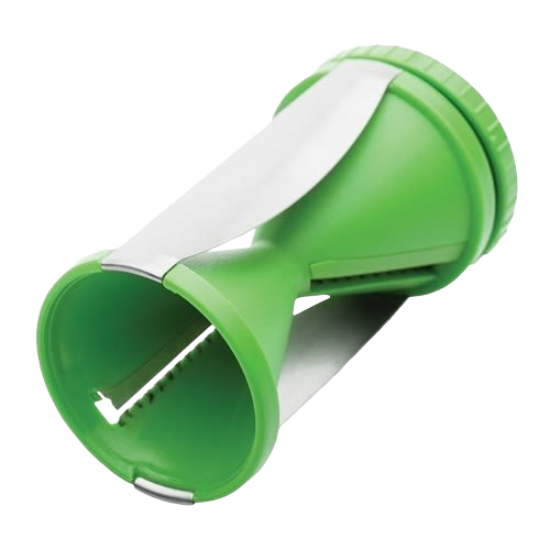 Handheld spiral vegetable slicer with sharp stainless steel blades and green plastic body, designed for effortless food prep in Kitchen & Food and Choppers and Cutters collections.